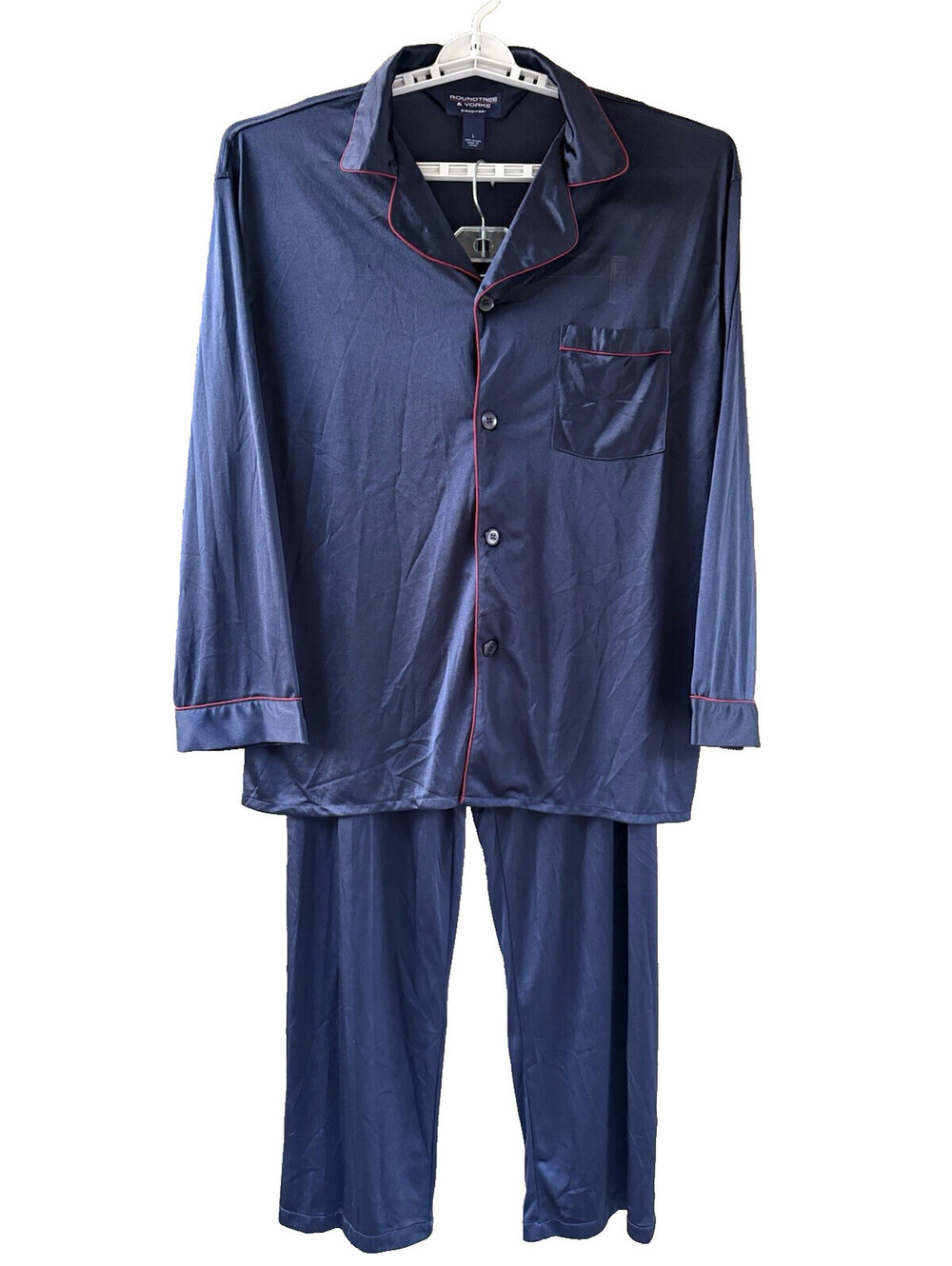 Roundtree & Yorke Men's 100% Nylon Navy Blue Pajama Top Pants Set Size L